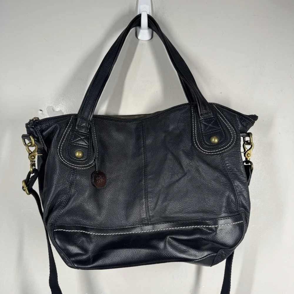 The Sak Iris Black Pebble Leather Shopper Tote Bag Dbl Handle Removeable Strap